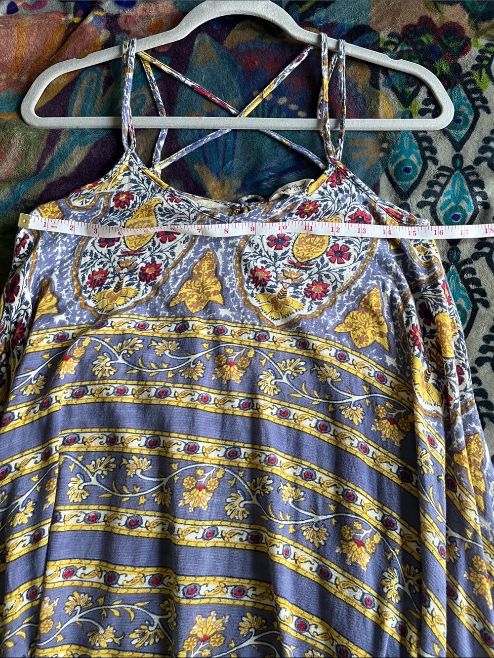 LUCKY BRAND Boho Handkerchief Cotton Blend Midi Dress in Blue & Gold Size XS - Picture 9 of 10